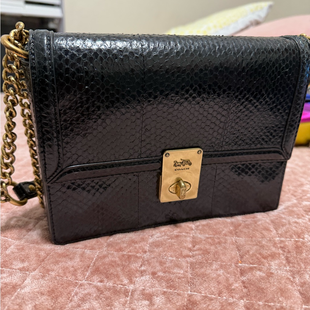Coach Black Snakeskin Crossbody Bag With Gold Accents